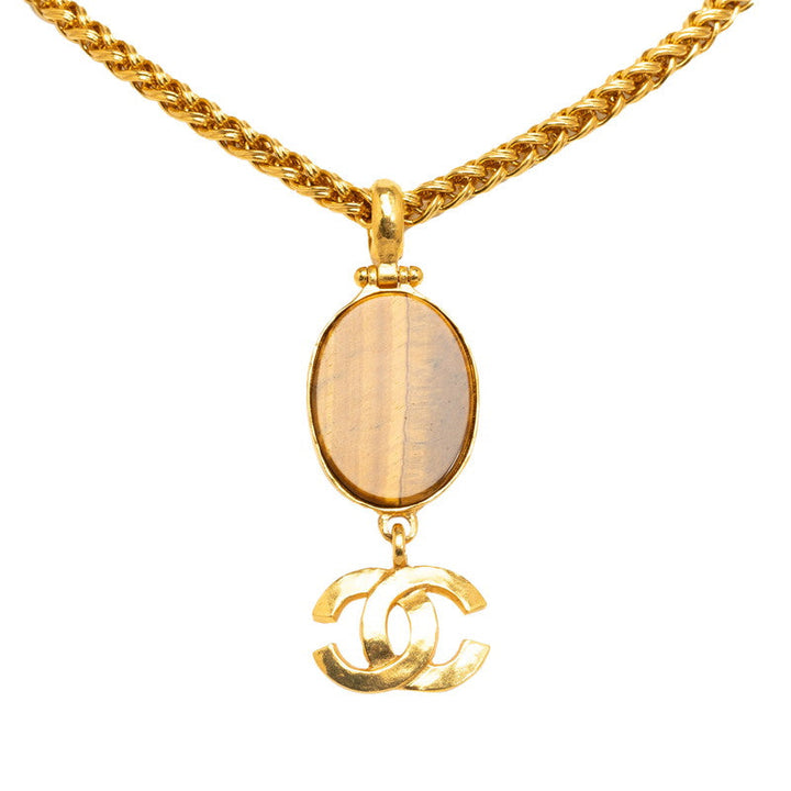 Top Quality Chanel Vintage Coco Mark Tiger Eye Oval Necklace Gold Plated Women's