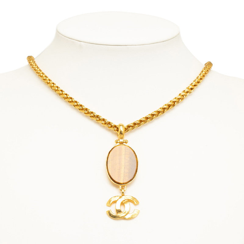 Top Quality Chanel Vintage Coco Mark Tiger Eye Oval Necklace Gold Plated Women's