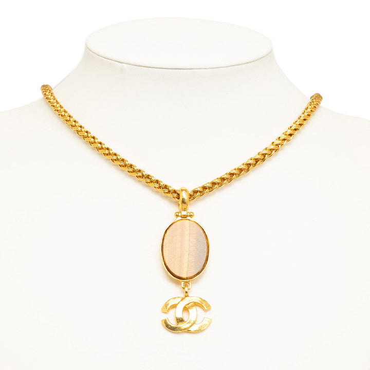 Top Quality Chanel Vintage Coco Mark Tiger Eye Oval Necklace Gold Plated Women's