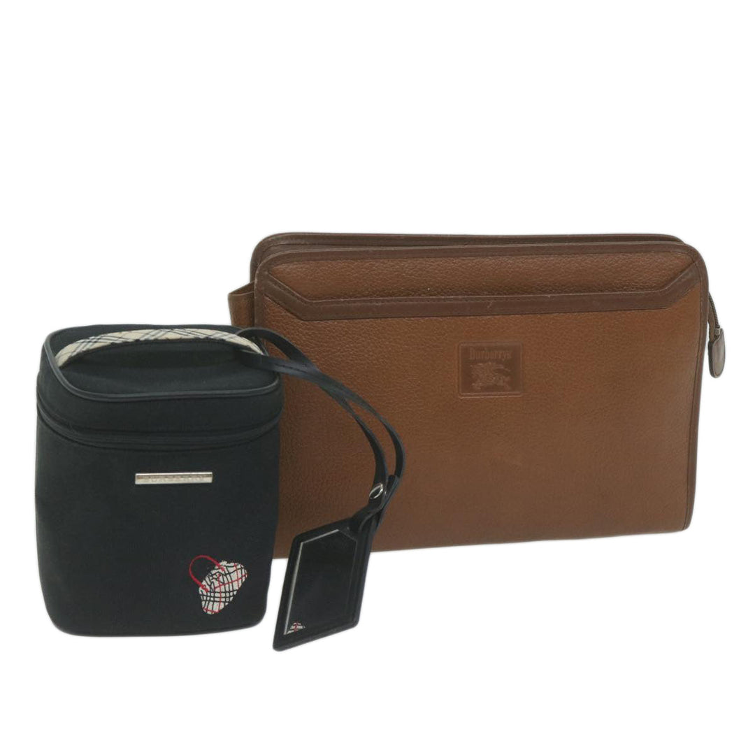 Burberry s Cosmetic Clutch Bag Leather 2Set Black Brown Auth fm3179