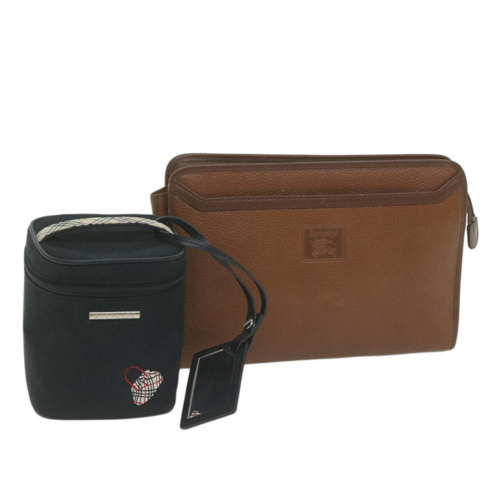 Burberry s Cosmetic Clutch Bag Leather 2Set Black Brown Auth fm3179