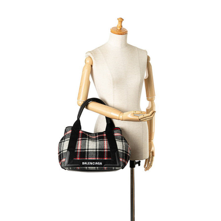 Top Quality Balenciaga Wool Leather Navy Cabas M Check Handbag Tote 339933
