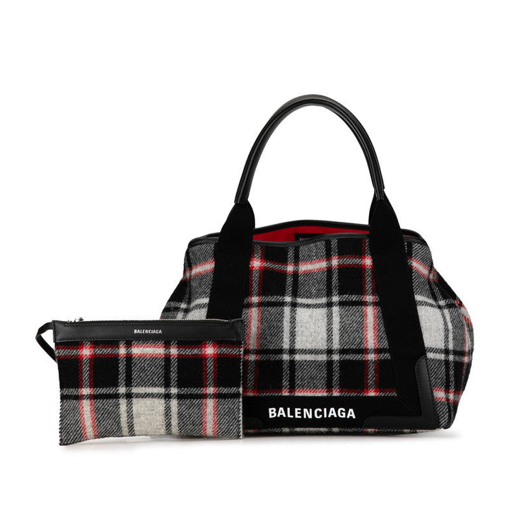 Top Quality Balenciaga Wool Leather Navy Cabas M Check Handbag Tote 339933