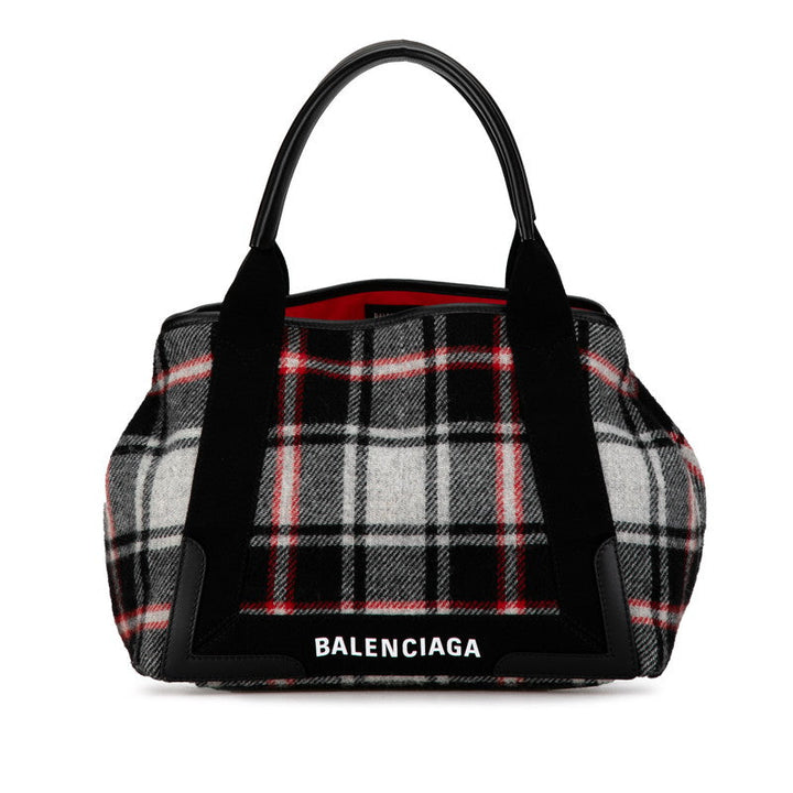 Top Quality Balenciaga Wool Leather Navy Cabas M Check Handbag Tote 339933