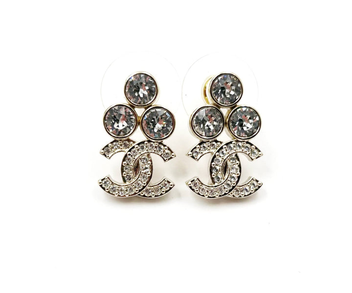 Chanel Brand New Gold 3 Round Crystal CC Small Piercing Earrings