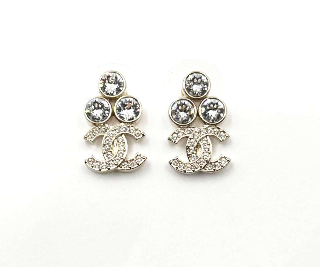 Chanel Brand New Gold 3 Round Crystal CC Small Piercing Earrings