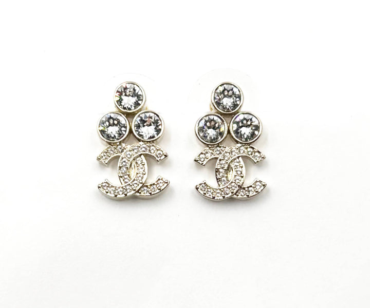 Chanel Brand New Gold 3 Round Crystal CC Small Piercing Earrings
