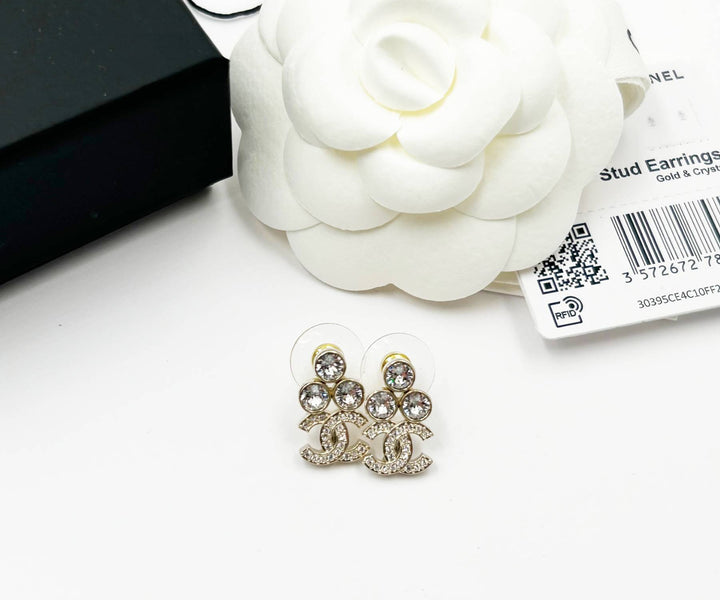 Chanel Brand New Gold 3 Round Crystal CC Small Piercing Earrings