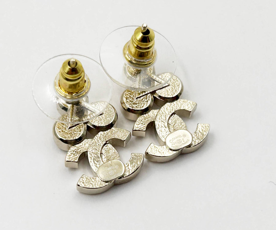 Chanel Brand New Gold 3 Round Crystal CC Small Piercing Earrings