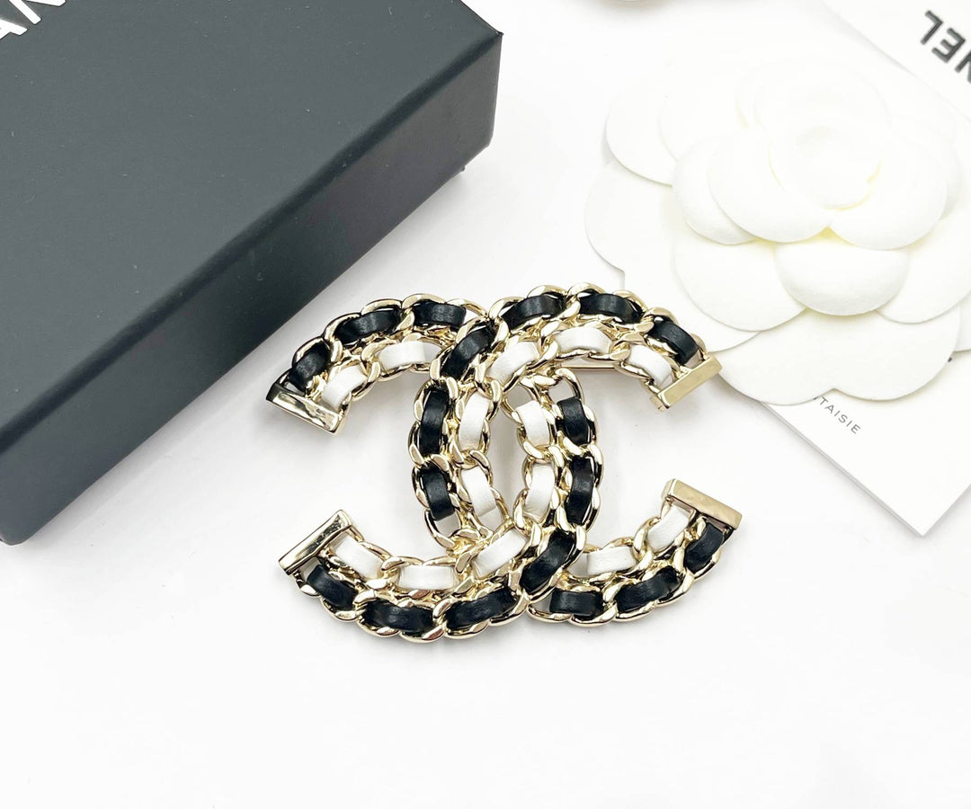 Chanel Brand New Gold CC Black White Leather Chain Large Brooch