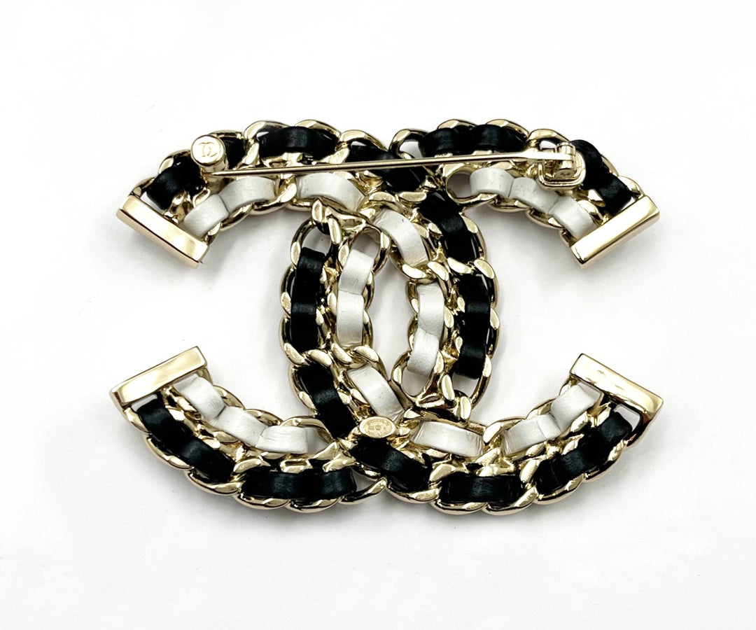 Chanel Brand New Gold CC Black White Leather Chain Large Brooch