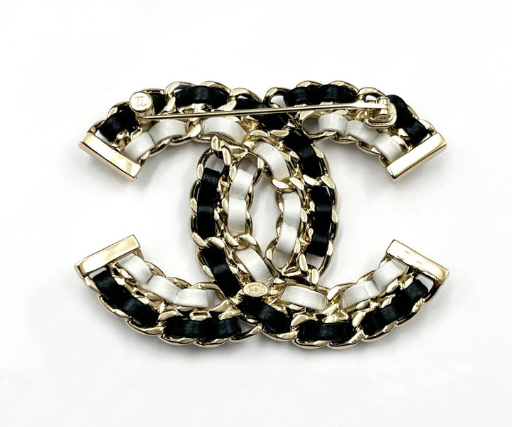 Chanel Brand New Gold CC Black White Leather Chain Large Brooch