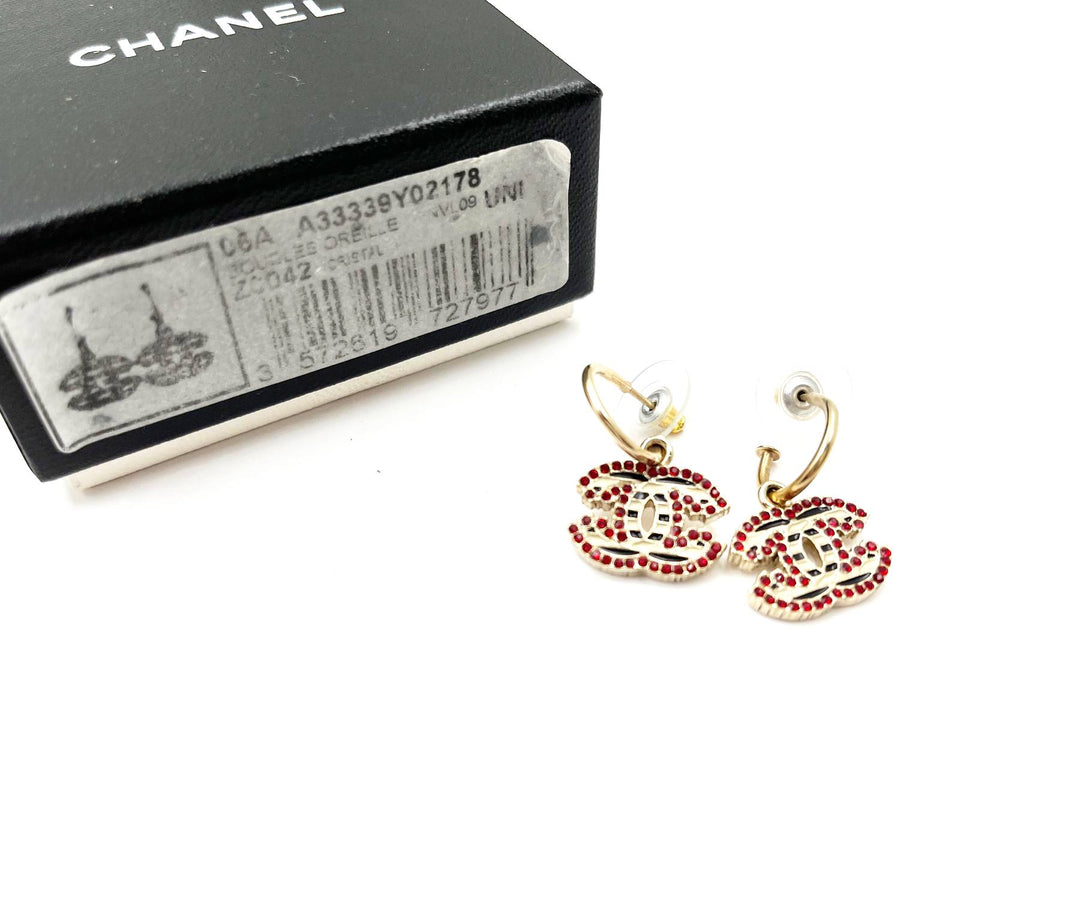 Top Quality Chanel Gold CC Black White Stripe Red Crystal Hoop Piercing Earrings