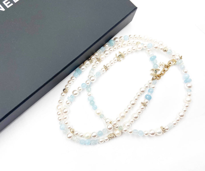 Chanel Brand New Gold CC Aquamarine Fresh Water Pearl Necklace