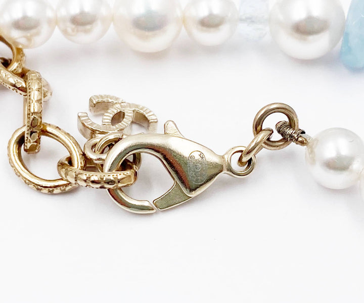 Chanel Brand New Gold CC Aquamarine Fresh Water Pearl Necklace