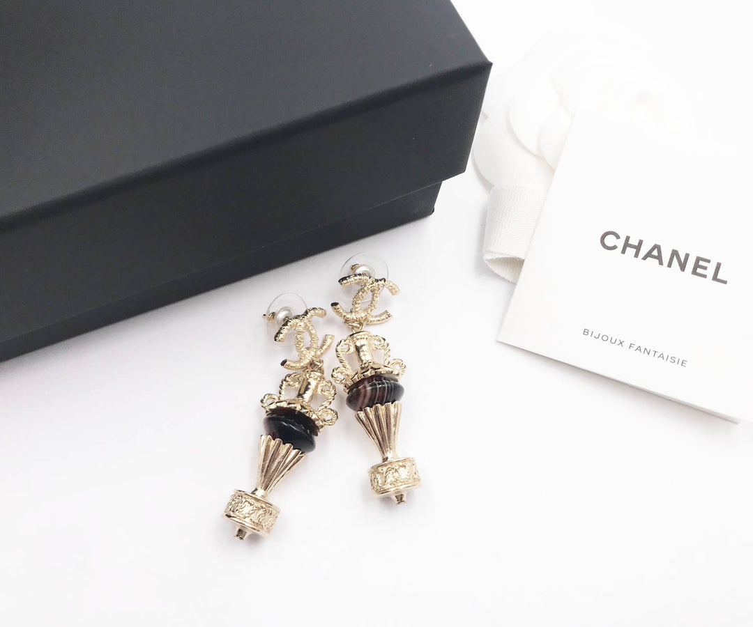 Chanel Brand New Gold CC Brown Stone Amphora Piercing Earrings