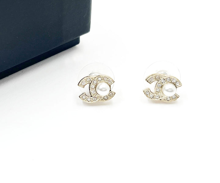 Chanel Brand New Gold CC Center Pearl Small Piercing Earrings