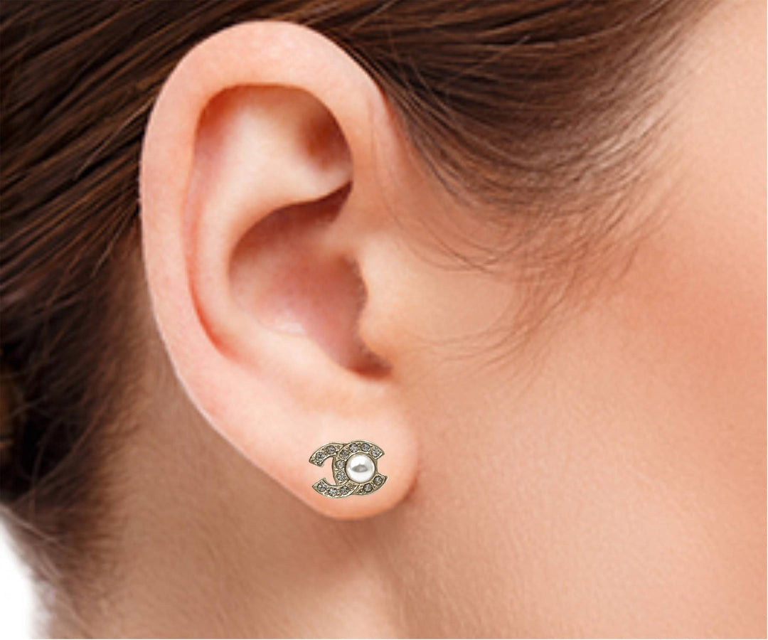 Chanel Brand New Gold CC Center Pearl Small Piercing Earrings