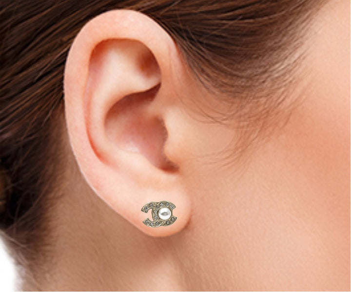 Chanel Brand New Gold CC Center Pearl Small Piercing Earrings