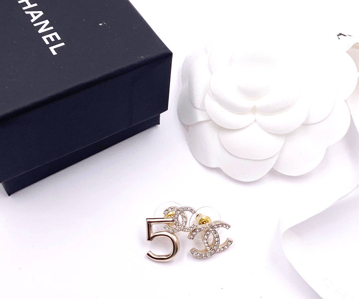 Chanel Brand New Gold CC Crystal 5 Asymmetrical Piercing Earrings