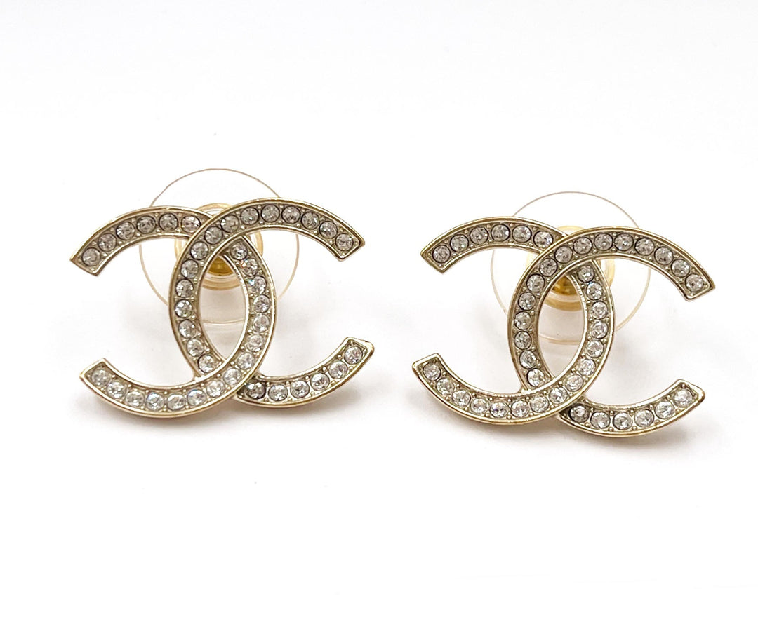Top Quality Chanel Classic Gold CC Thin Crystal Large Piercing Earrings