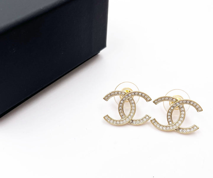 Top Quality Chanel Classic Gold CC Thin Crystal Large Piercing Earrings