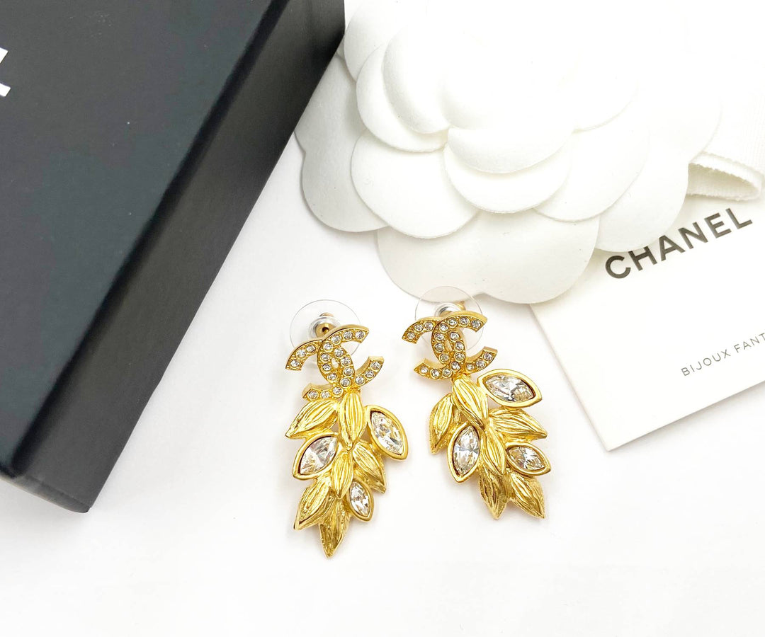 Chanel Brand New Gold CC Crystal Olive Leaf Dangle Piercing Earrings