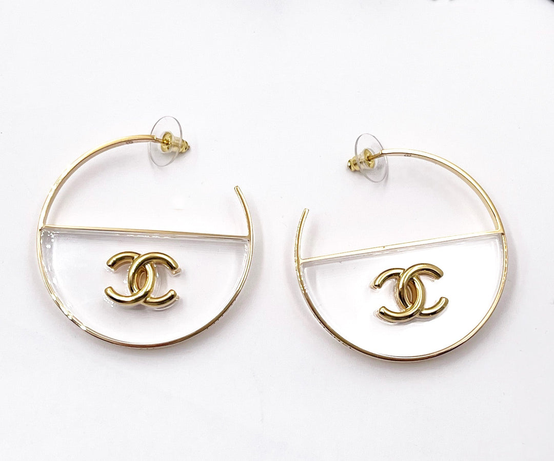 Chanel Brand New Gold CC Transparent Large Hoop Earrings