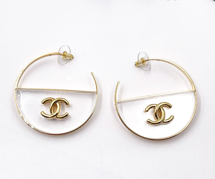 Chanel Brand New Gold CC Transparent Large Hoop Earrings