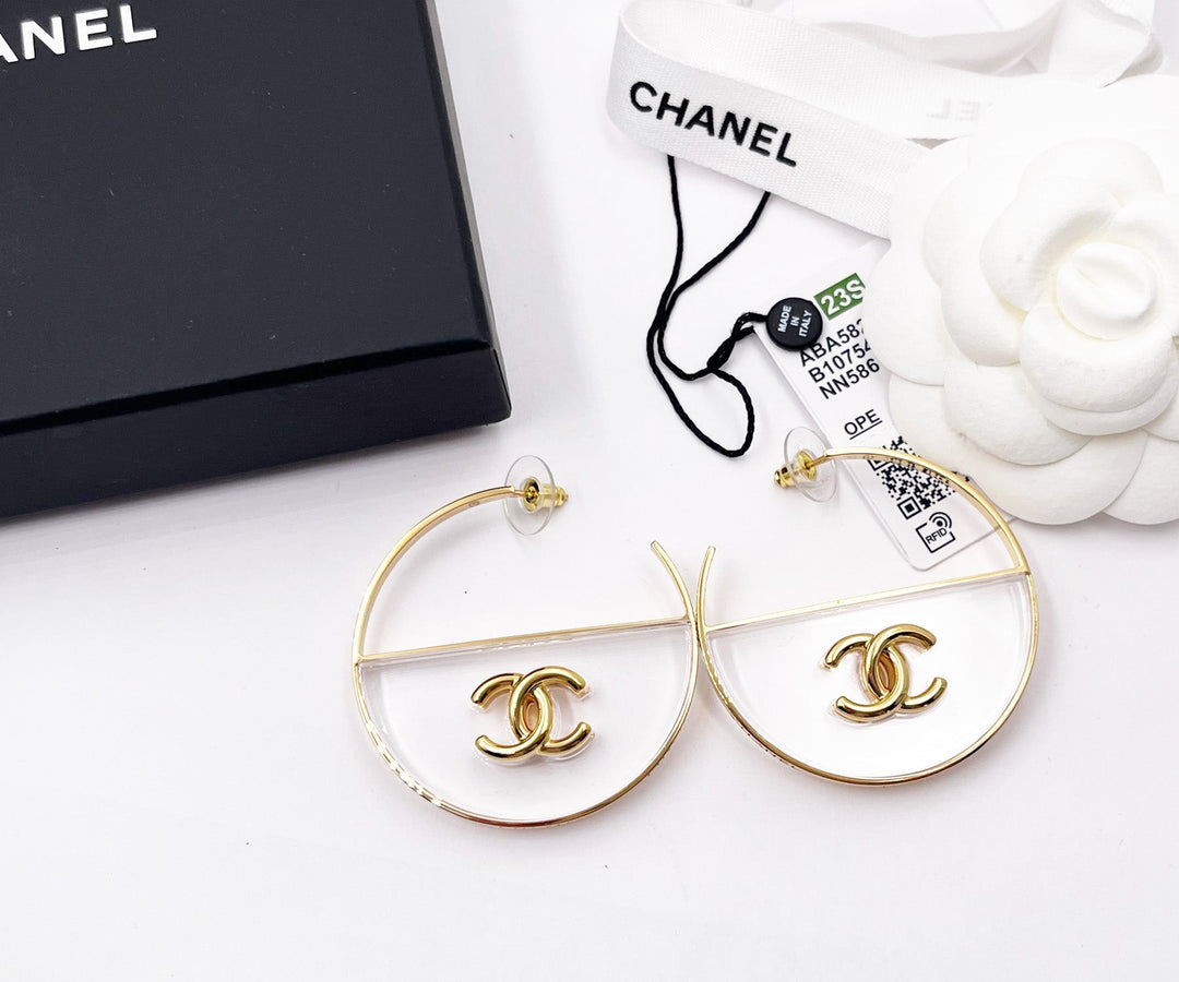 Chanel Brand New Gold CC Transparent Large Hoop Earrings