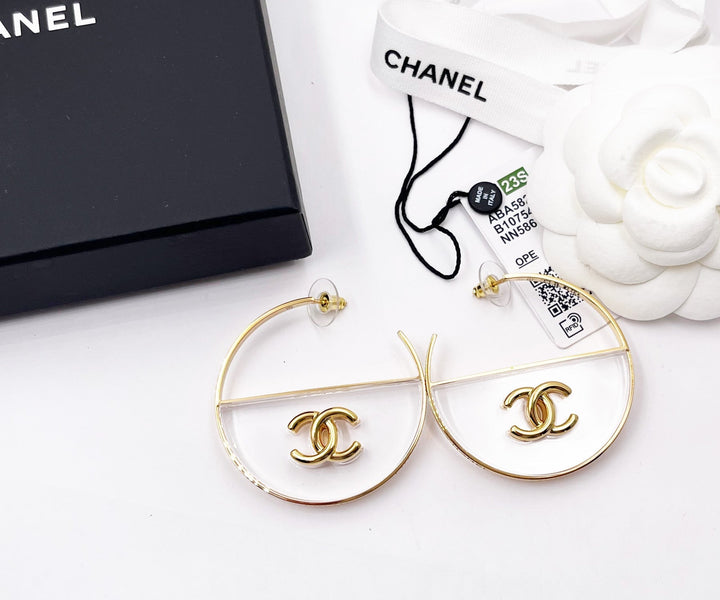 Chanel Brand New Gold CC Transparent Large Hoop Earrings