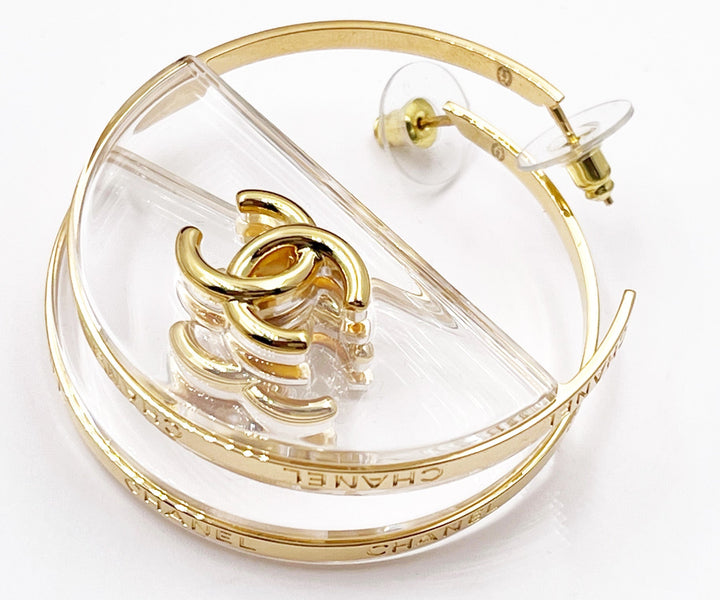 Chanel Brand New Gold CC Transparent Large Hoop Earrings