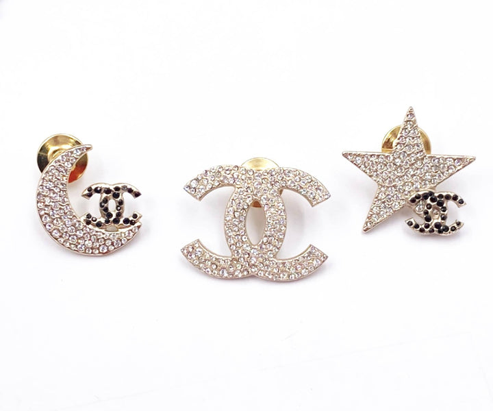 Chanel Rare Gold CC Moon Star Black Crystal 3 Pins