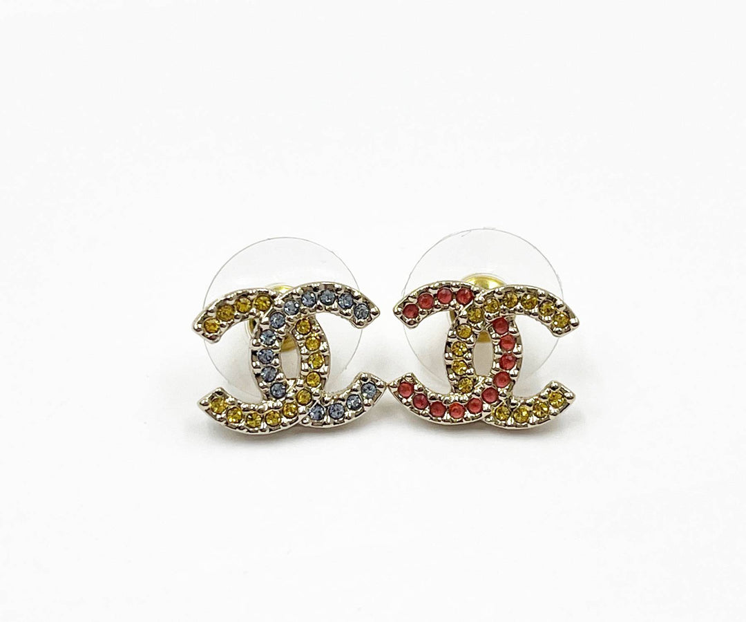 Chanel Brand New Gold CC Yellow Pink Blue Asymmetrical Crystal Piercing Earrings