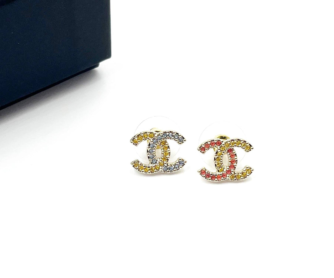 Chanel Brand New Gold CC Yellow Pink Blue Asymmetrical Crystal Piercing Earrings