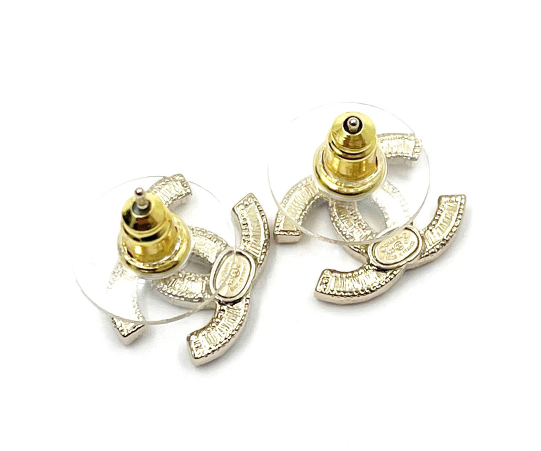 Chanel Brand New Gold CC Yellow Pink Blue Asymmetrical Crystal Piercing Earrings