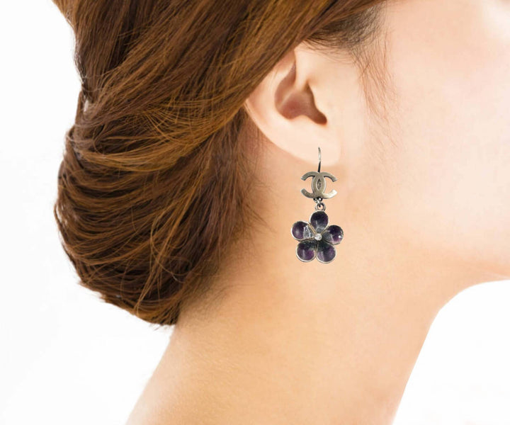 Top Quality Chanel Gold CC Purple Flower Lever Back Piercing Earrings