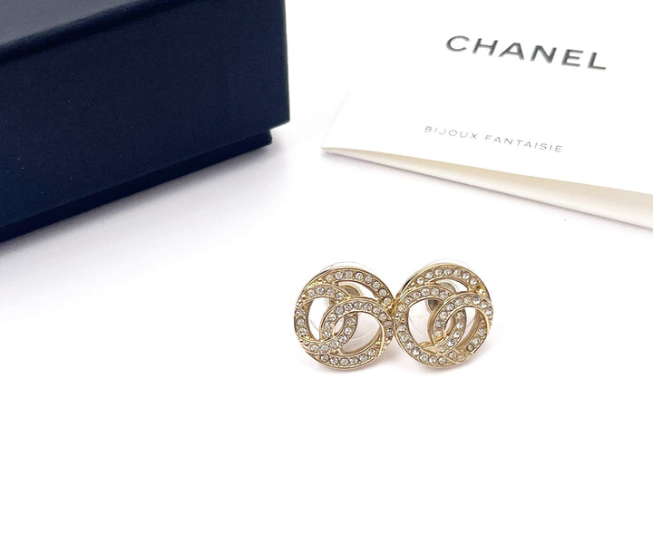 Top Quality Chanel Gold CC Round Crystal Piercing Earrings