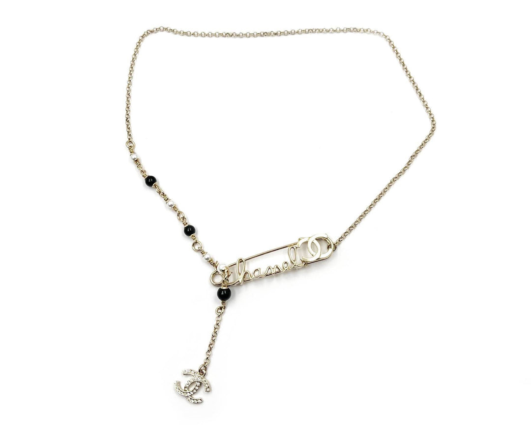 Chanel Brand New Rare Light Gold Safety Pin Pearl Necklace