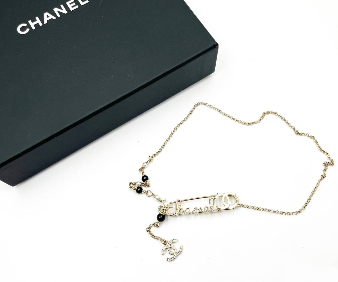 Chanel Brand New Rare Light Gold Safety Pin Pearl Necklace