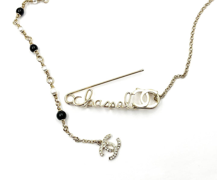 Chanel Brand New Rare Light Gold Safety Pin Pearl Necklace