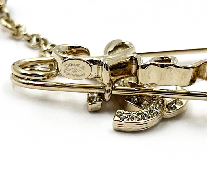 Chanel Brand New Rare Light Gold Safety Pin Pearl Necklace