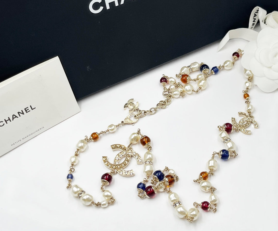 Chanel Brand New Gold Scratchy CC Blue Red Bead Pearl Long Necklace