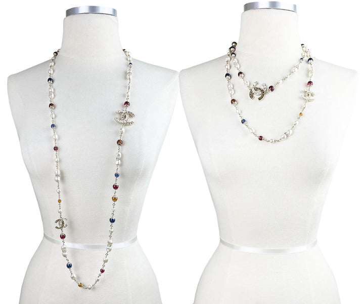 Chanel Brand New Gold Scratchy CC Blue Red Bead Pearl Long Necklace