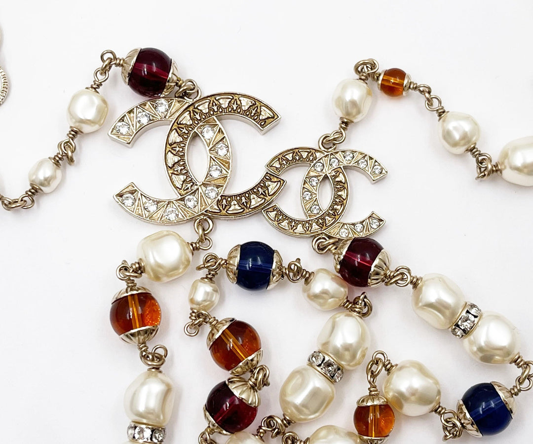 Chanel Brand New Gold Scratchy CC Blue Red Bead Pearl Long Necklace