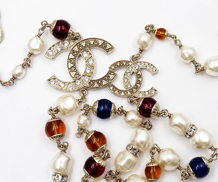 Chanel Brand New Gold Scratchy CC Blue Red Bead Pearl Long Necklace
