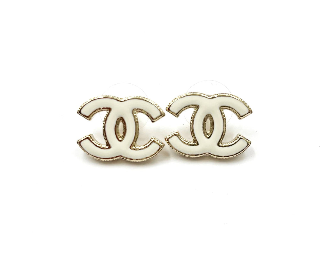 Chanel Brand New Gold CC White Enamel Reissued Piercing Earrings