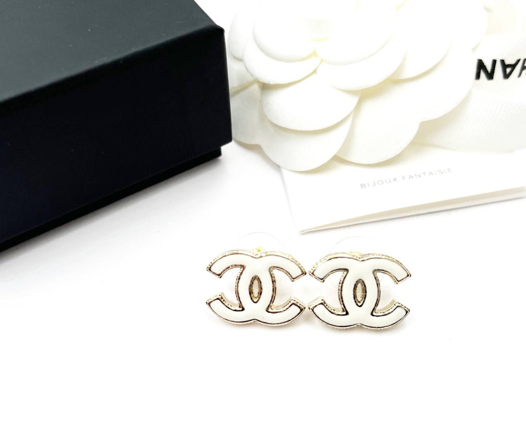Chanel Brand New Gold CC White Enamel Reissued Piercing Earrings