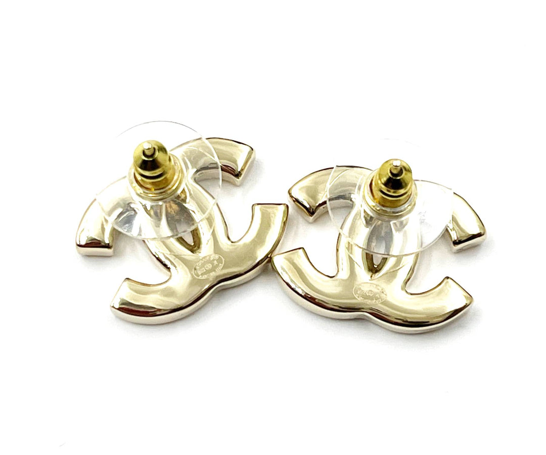 Chanel Brand New Gold CC White Enamel Reissued Piercing Earrings