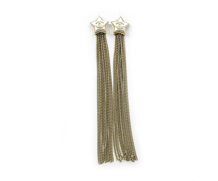 Top Quality Chanel Gold CC White Shooting Star Gold Chain Tassel Long Dangle Piercing Earrings